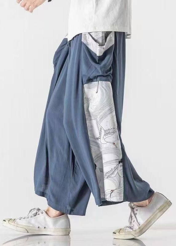 Chinese Style Blue Pockets Print Patchwork Cotton Pants Summer