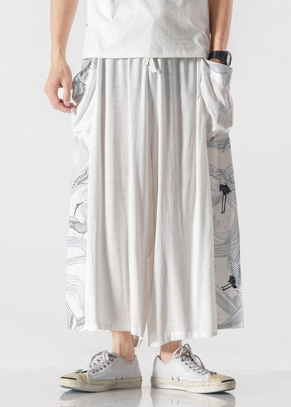 Chinese Style Blue Pockets Print Patchwork Cotton Pants Summer