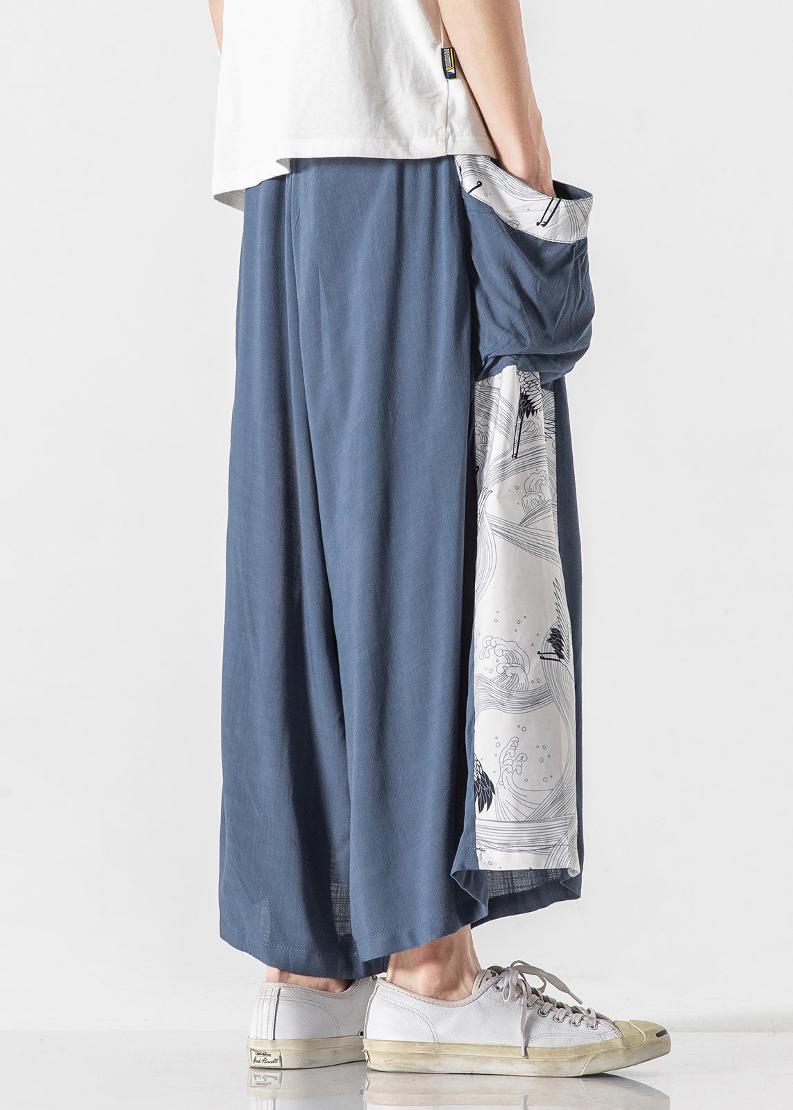 Chinese Style Blue Pockets Print Patchwork Cotton Pants Summer
