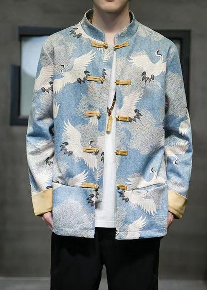 Chinese Style Blue Print Patchwork Pockets Jackets Spring