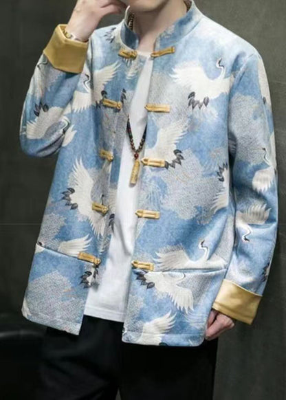 Chinese Style Blue Print Patchwork Pockets Jackets Spring