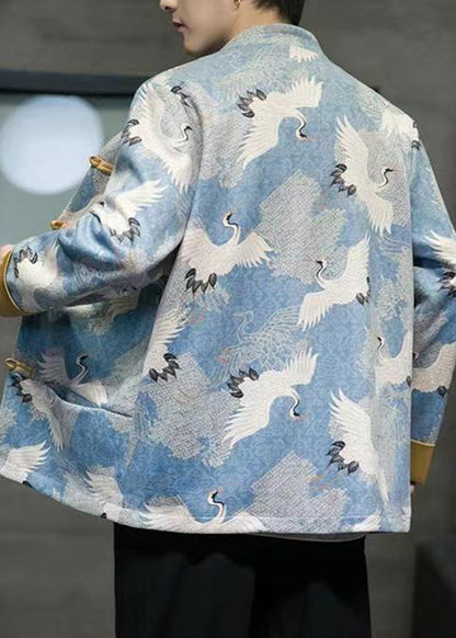 Chinese Style Blue Print Patchwork Pockets Jackets Spring