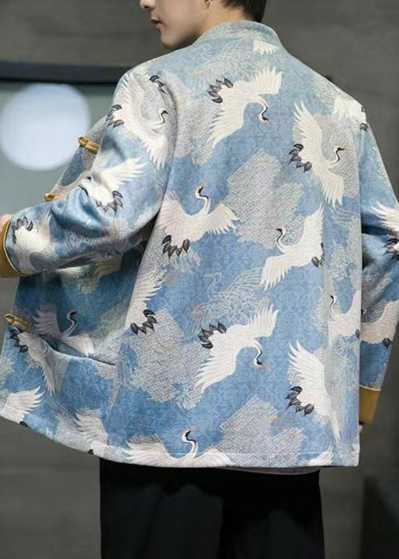 Chinese Style Blue Print Patchwork Pockets Jackets Spring