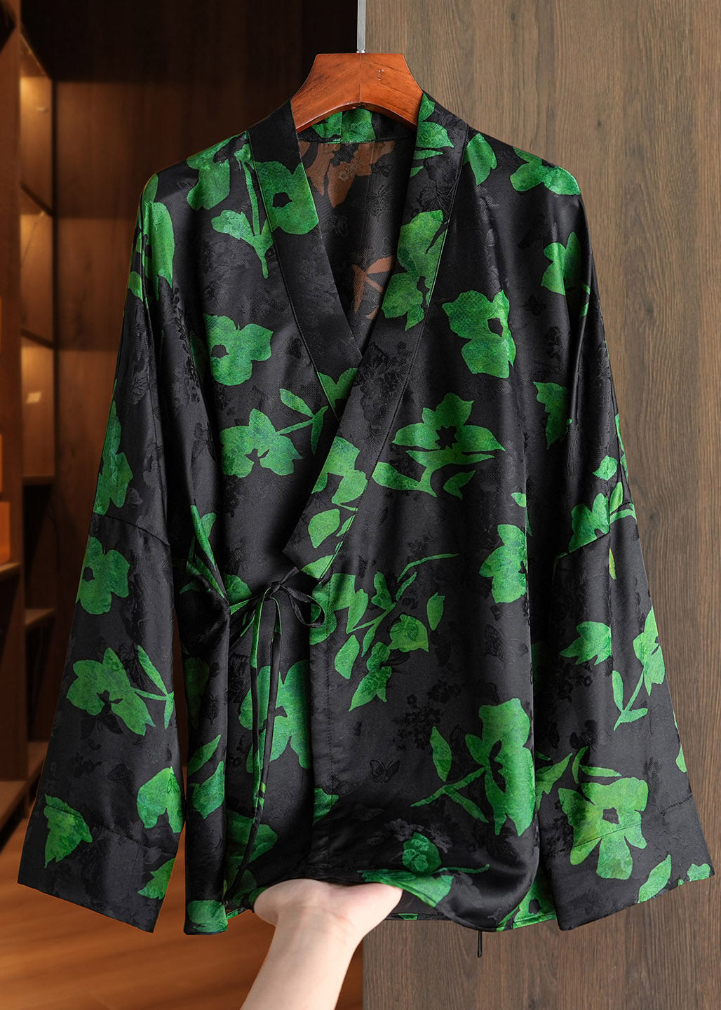 Chinese Style Blue V Neck Print Tie Waist Coats Spring