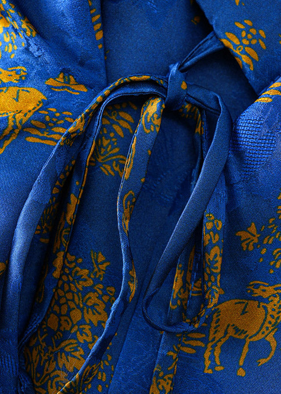 Chinese Style Blue V Neck Print Tie Waist Coats Spring