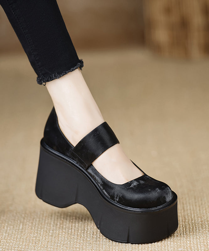 Chinese Style Brown Buckle Strap Satin High Wedge Heels