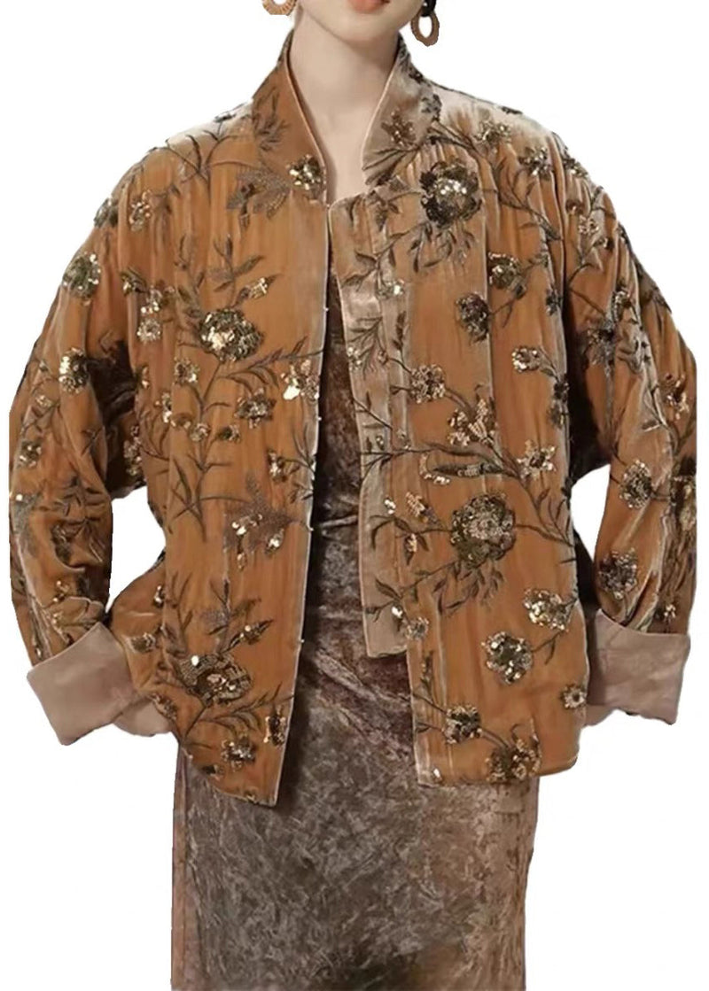 Chinese Style Brown Print Sequins Silk Velour Coat Spring