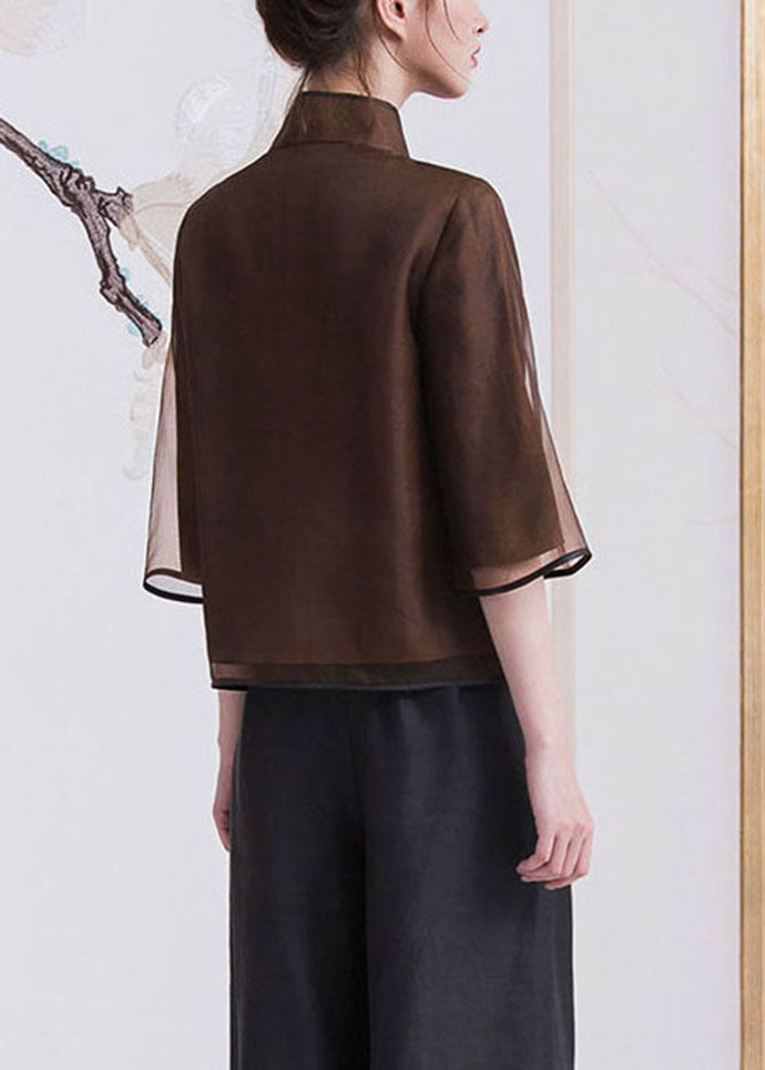 Chinese Style Brown Button Stand Collar Silk Coats Half Sleeve