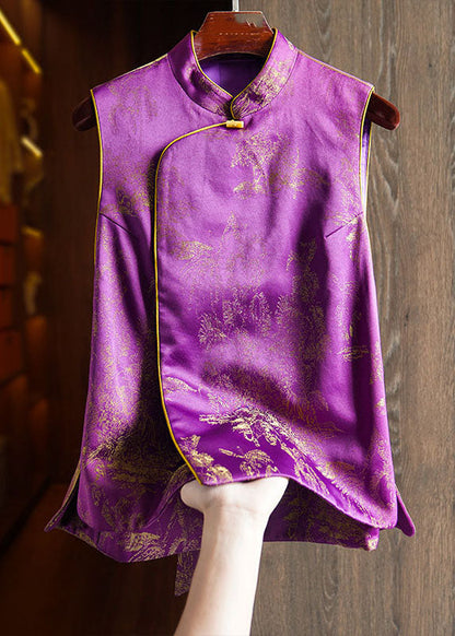 Chinese Style Purple Stand Collar Print Patchwork Tie Waist Warm Silk Cotton Waistcoat Fall