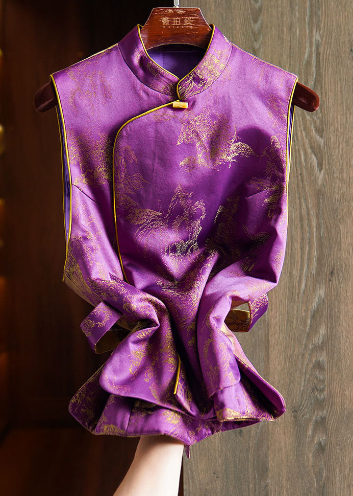 Chinese Style Purple Stand Collar Print Patchwork Tie Waist Warm Silk Cotton Waistcoat Fall