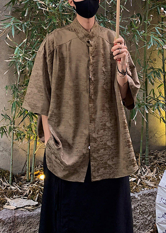 Chinese Style Coffee Jacquard Ice Silk Shirts Summer
