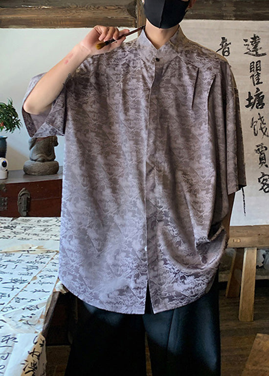 Chinese Style Coffee Jacquard Ice Silk Shirts Summer
