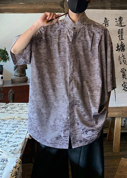 Chinese Style Coffee Jacquard Ice Silk Shirts Summer
