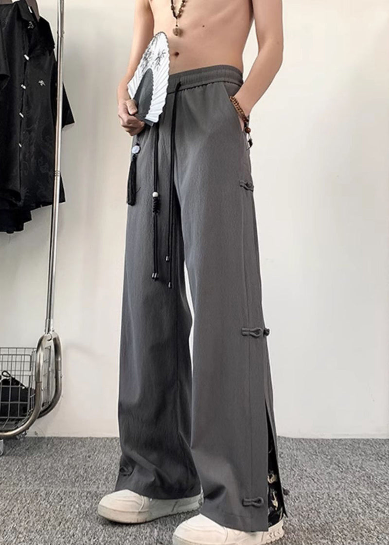 Chinese Style Dark Grey Fake Two Thin Ice Silk Pants Summer