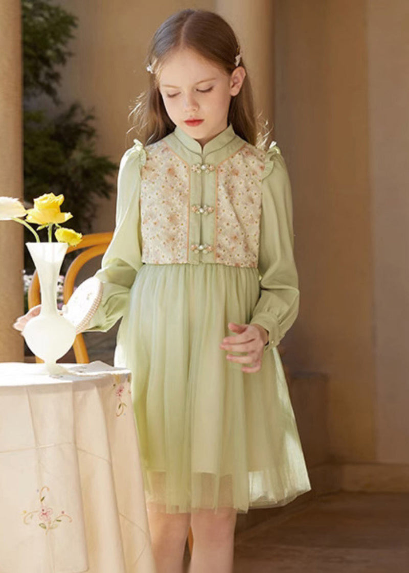 Chinese Style Green Embroideried Ruffled Tulle Patchwork Mid Dress Fall