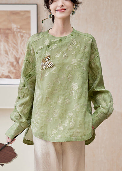 Chinese Style Green O-Neck Butterfly Low High Design Chiffon Top Lanter Sleeve