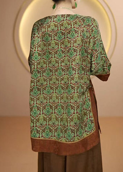 Chinese Style Green O Neck Print Silk Shirt Tops Fall