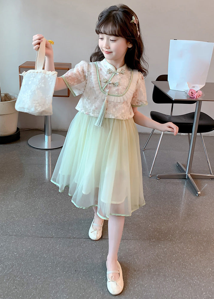 Chinese Style Green Stand Collar Tassel Fake Two Pieces Tulle Maxi Dresses Summer