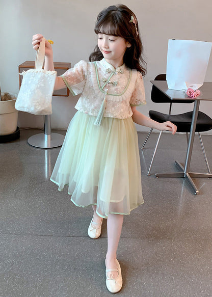 Chinese Style Green Stand Collar Tassel Fake Two Pieces Tulle Maxi Dresses Summer