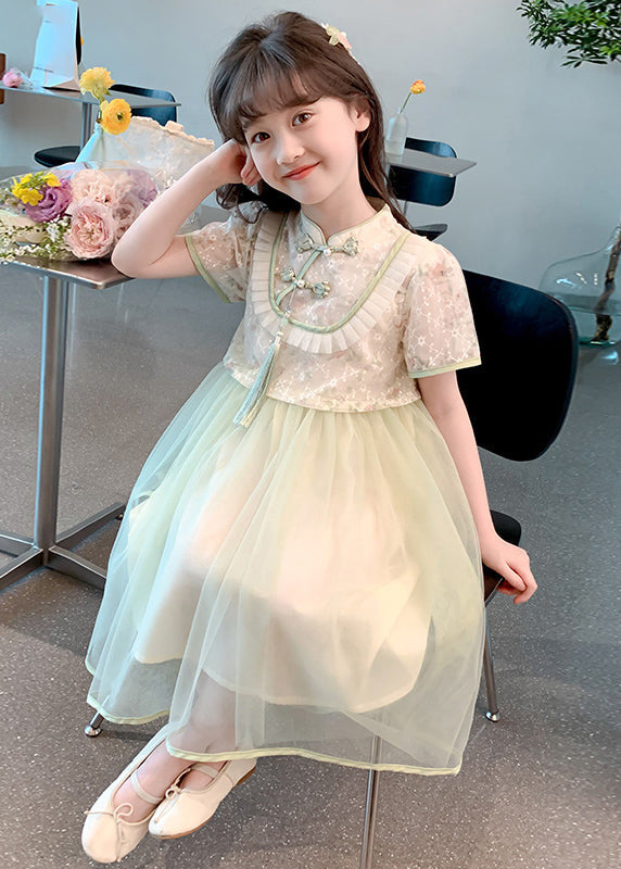 Chinese Style Green Stand Collar Tassel Fake Two Pieces Tulle Maxi Dresses Summer