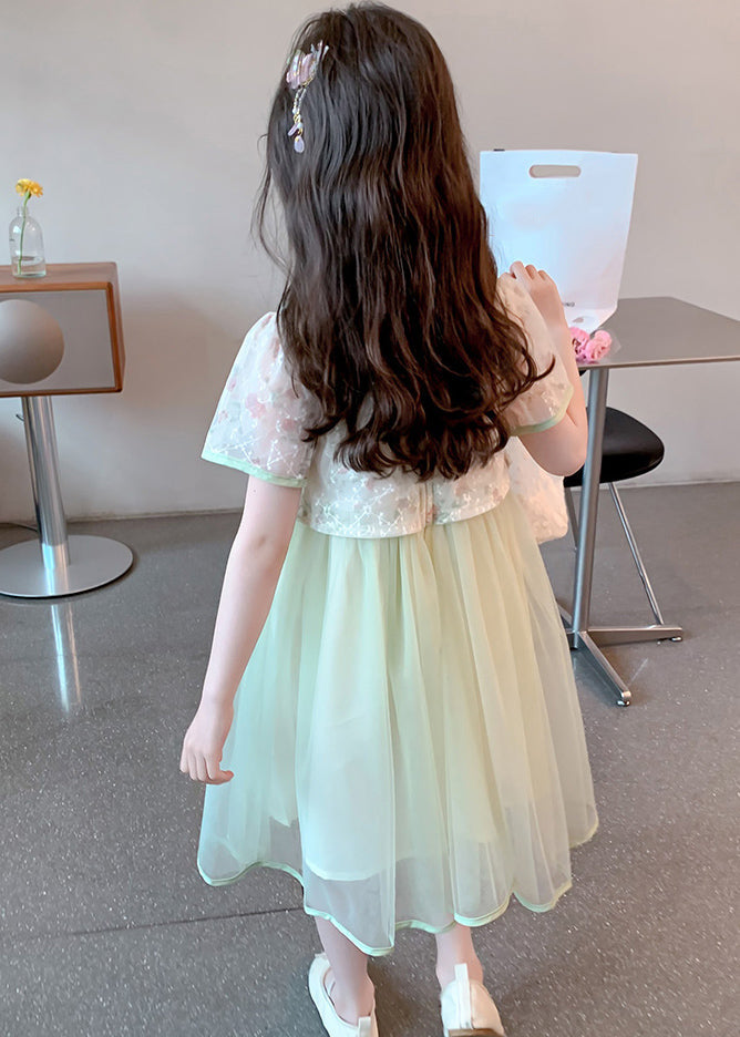 Chinese Style Green Stand Collar Tassel Fake Two Pieces Tulle Maxi Dresses Summer
