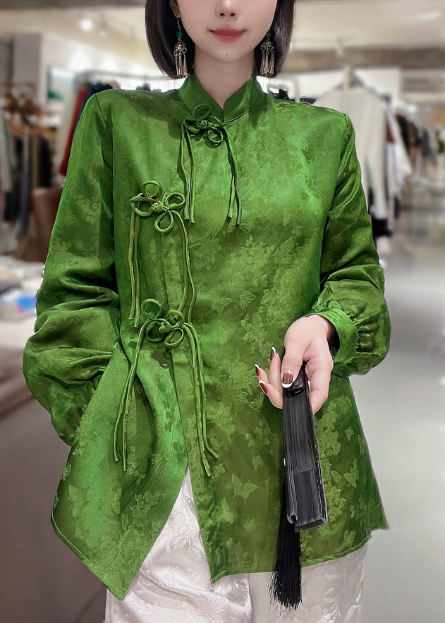 Chinese Style Green Stand Collar Side Open Jacquard Silk Top Long Sleeve