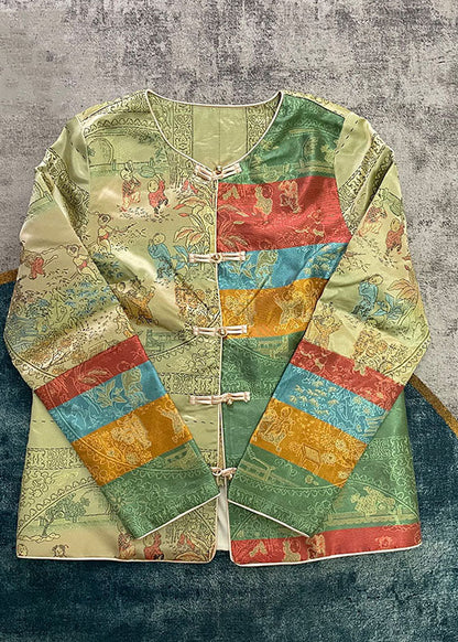Chinese Style Green Button O-neck Print Coats Spring