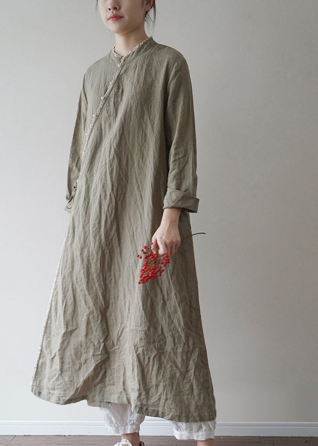 Chinese Style Green Tie Waist Linen Long Dresses Long Sleeve
