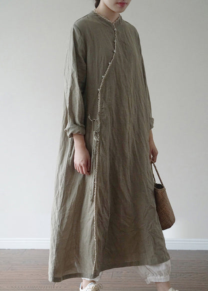 Chinese Style Green Tie Waist Linen Long Dresses Long Sleeve