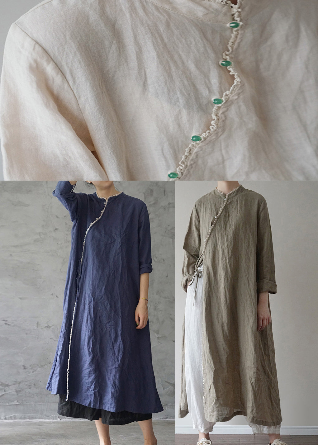 Chinese Style Green Tie Waist Linen Long Dresses Long Sleeve