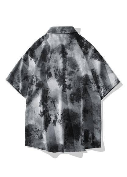 Chinese Style Grey Ice Silk Printed Short Sleeved Shirt for