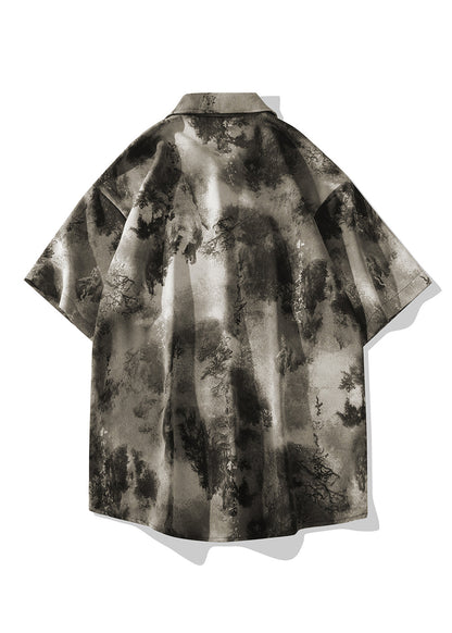 Chinese Style Grey Ice Silk Printed Short Sleeved Shirt for