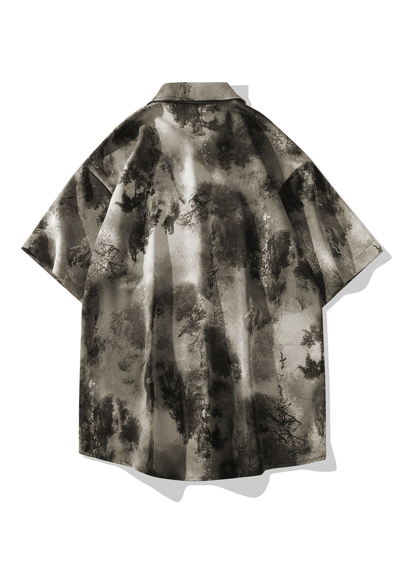 Chinese Style Grey Ice Silk Printed Short Sleeved Shirt for