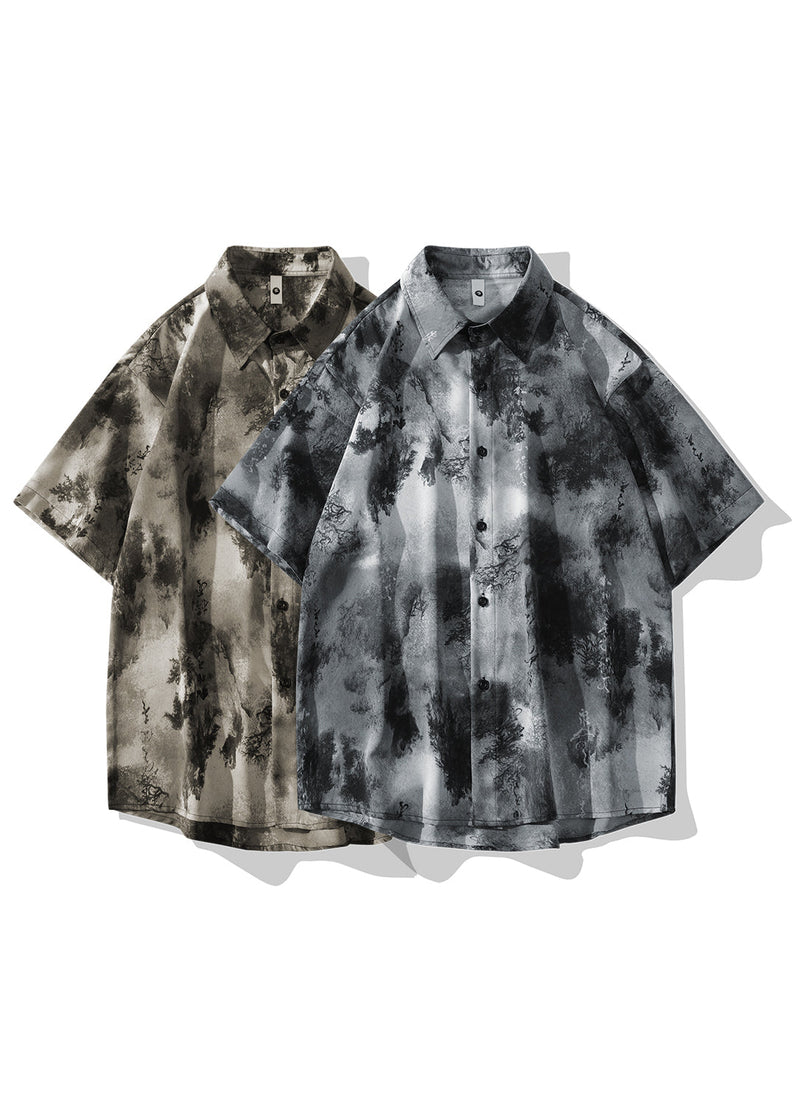 Chinese Style Grey Ice Silk Printed Short Sleeved Shirt for