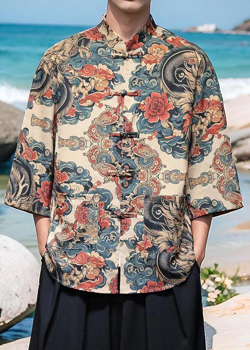 Chinese Style Khaki Print Print Ice Silk Shirt Bracelet Sleeve