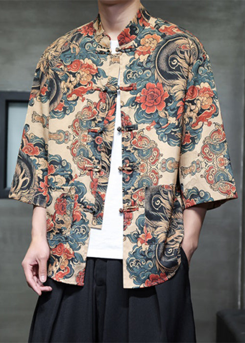 Chinese Style Khaki Print Print Ice Silk Shirt Bracelet Sleeve