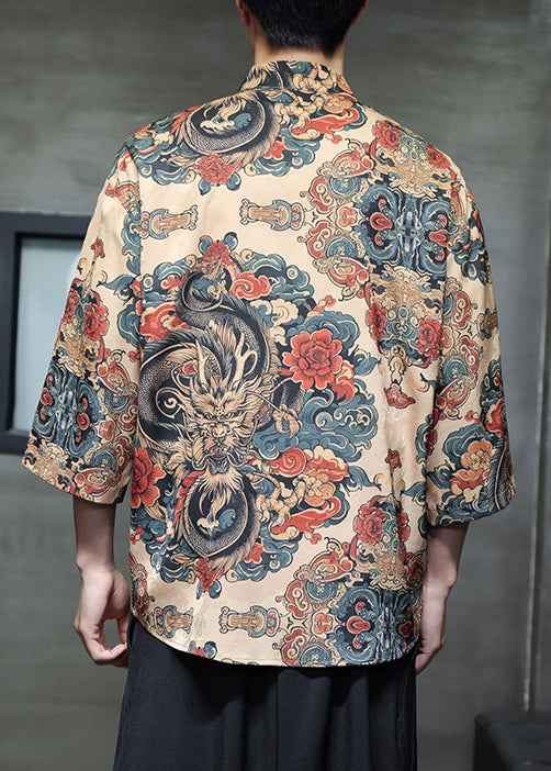 Chinese Style Khaki Print Print Ice Silk Shirt Bracelet Sleeve