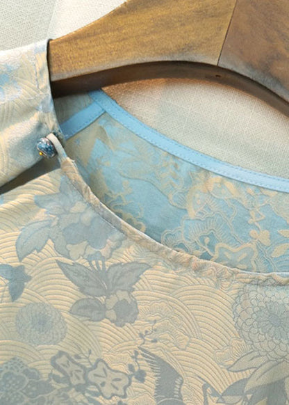 Chinese Style Light Blue O Neck Jacquard Silk Top Spring