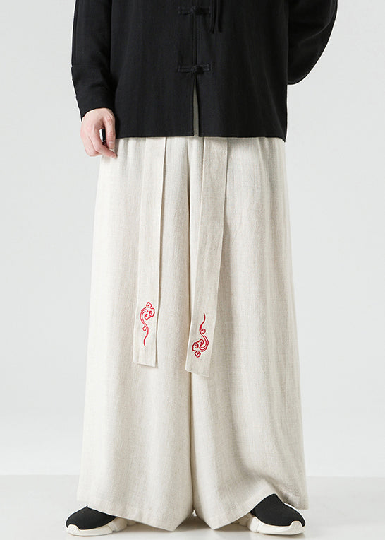 Chinese Style Linen Embroideried High Waist Cotton Wide Leg Pants Fall