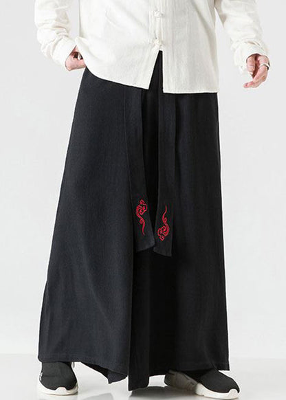 Chinese Style Linen Embroideried High Waist Cotton Wide Leg Pants Fall