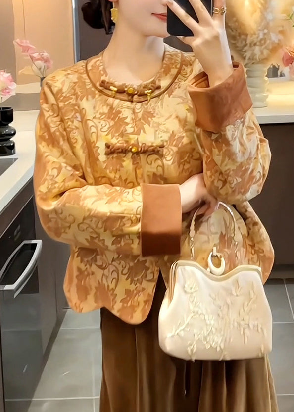 Chinese Style O-neck Print Button Silk Cotton Coat Spring