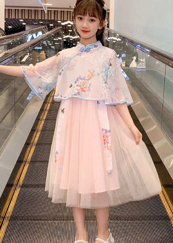Chinese Style Pink Embroideried Patchwork Chiffon Kids Dress Summer