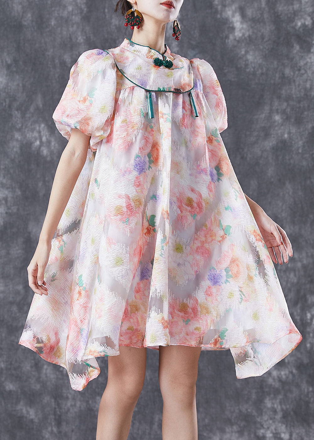 Chinese Style Pink Mandarin Collar Print Silk a Line Dress Puff Sleeve