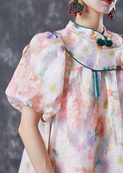 Chinese Style Pink Mandarin Collar Print Silk a Line Dress Puff Sleeve