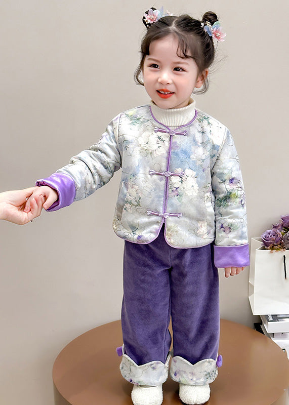 Chinese Style Pink O-neck Patchwork Button Thick Parka and Pants Two Piece Set Winter
