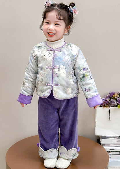 Chinese Style Pink O-neck Patchwork Button Thick Parka and Pants Two Piece Set Winter