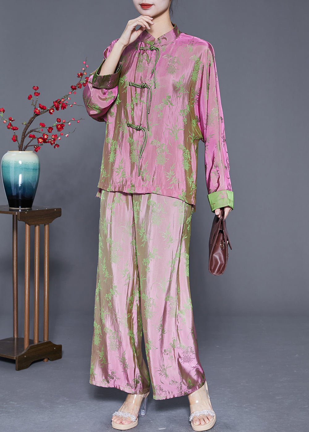 Chinese Style Pink Print Chinese Button Silk Shirts and Pants Two Pieces Set Fall