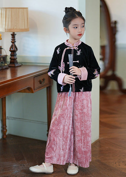 Chinese Style Pink Stand Collar Print Silk Velour Coats and Pants Two Piece Set Spring