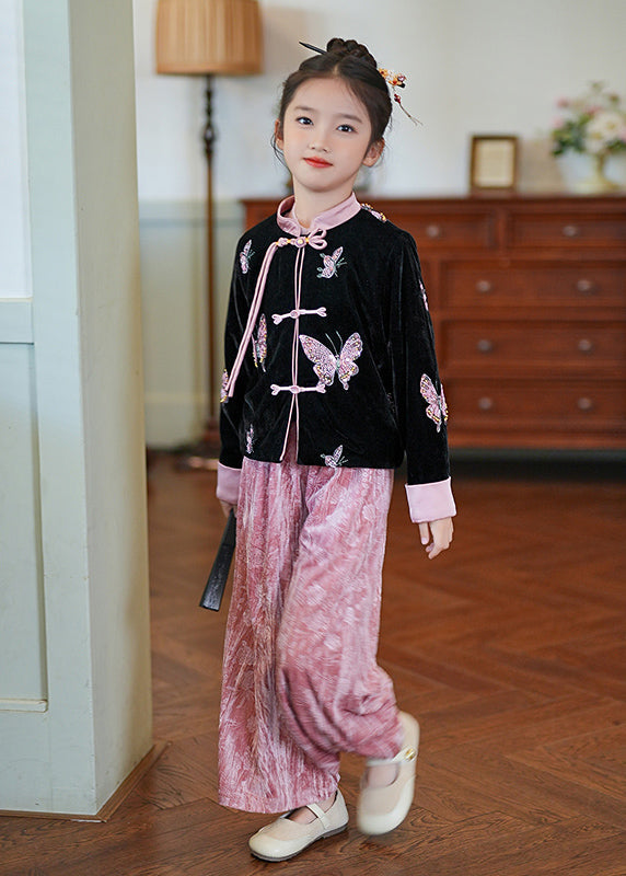 Chinese Style Pink Stand Collar Print Silk Velour Coats and Pants Two Piece Set Spring