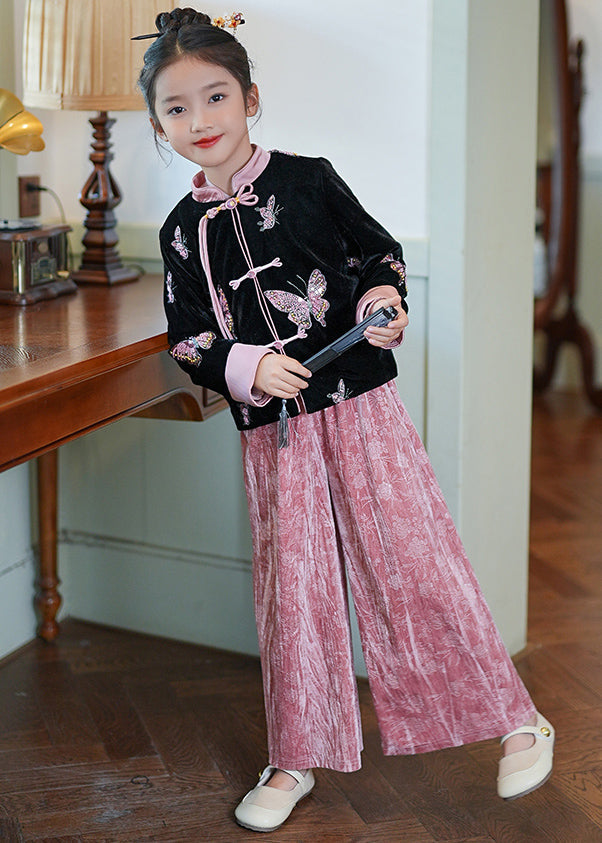 Chinese Style Pink Stand Collar Print Silk Velour Coats and Pants Two Piece Set Spring
